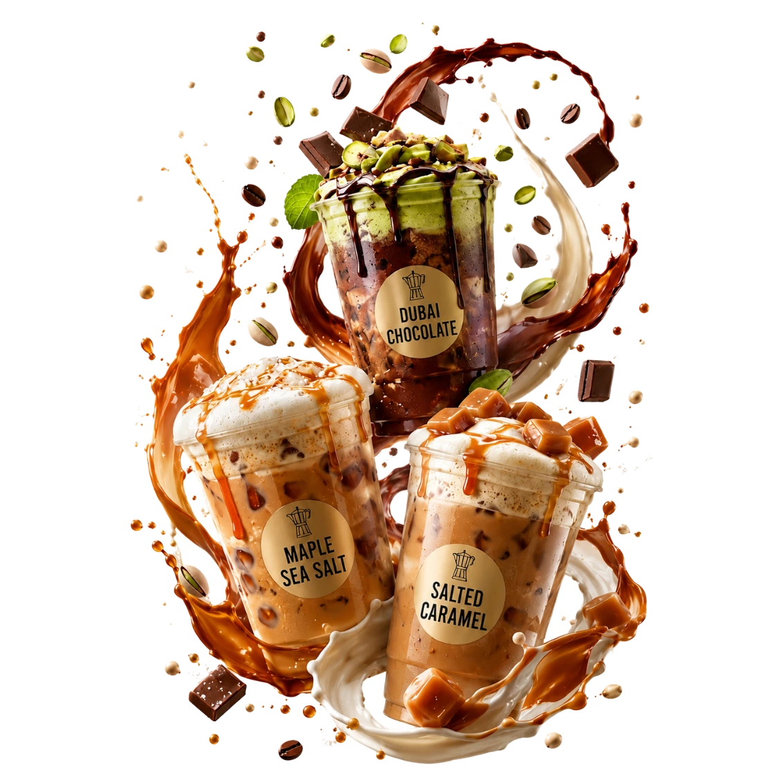 Signature drinks — Dubai Chocolate, Maple Sea Salt, Salted Caramel